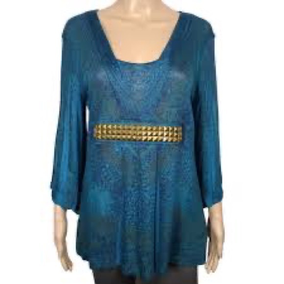 Blue-Green Marbled Sweater Blouse with Brass Stud Detail by Investments in 2X - Picture 2 of 14
